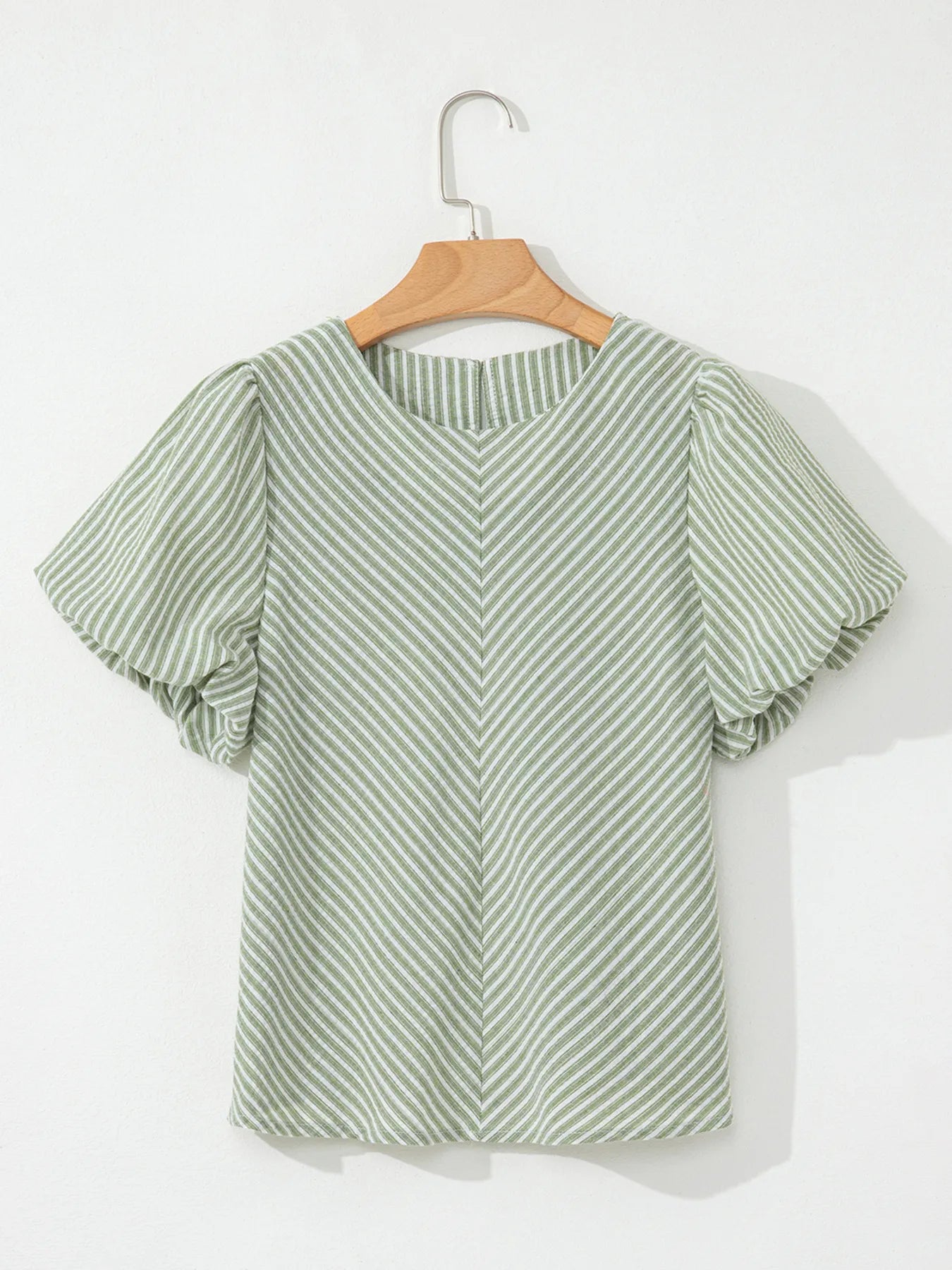 Stripe Textured Round Neck Short Puff Sleeve Blouse.
