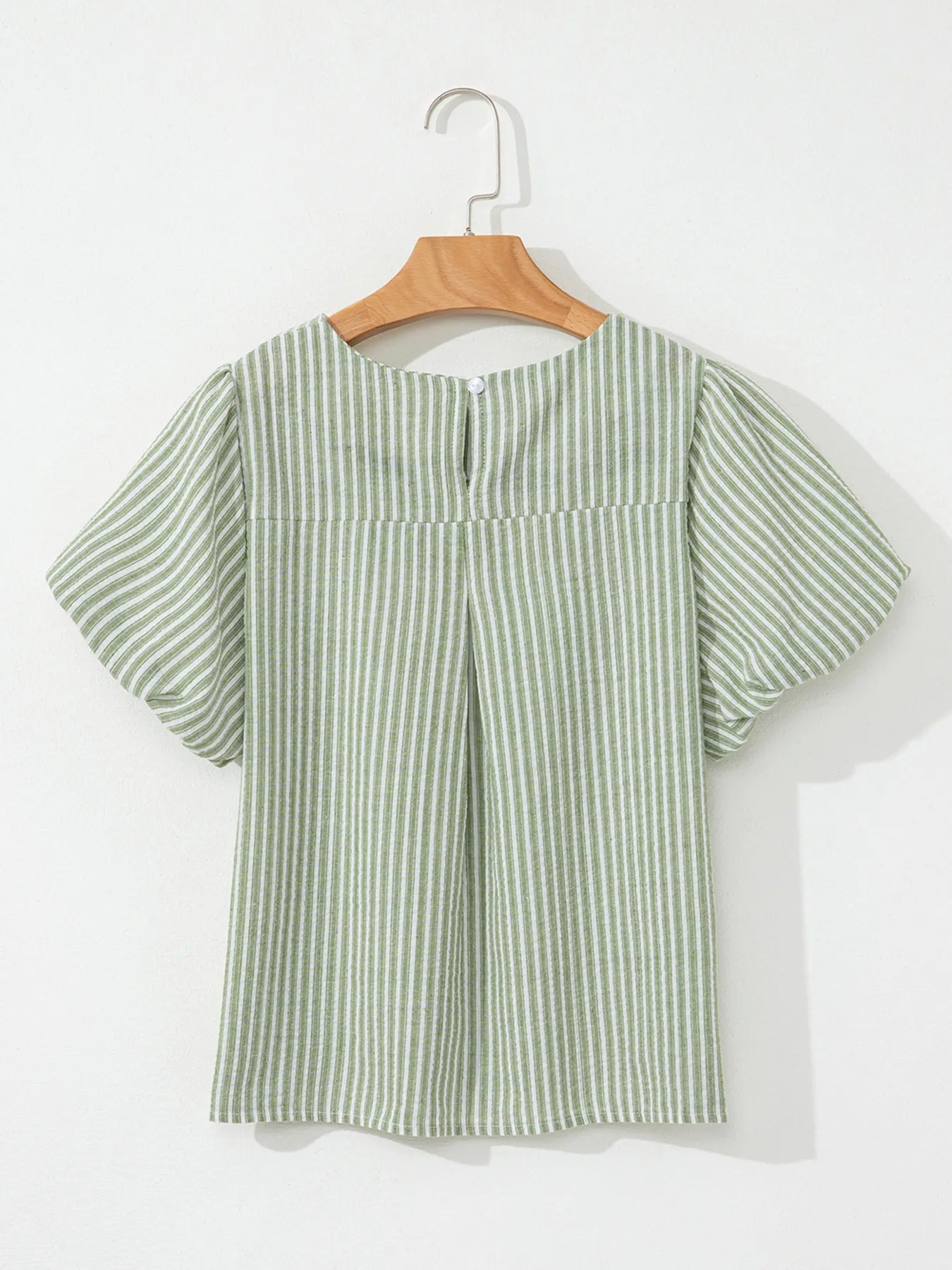 Stripe Textured Round Neck Short Puff Sleeve Blouse.
