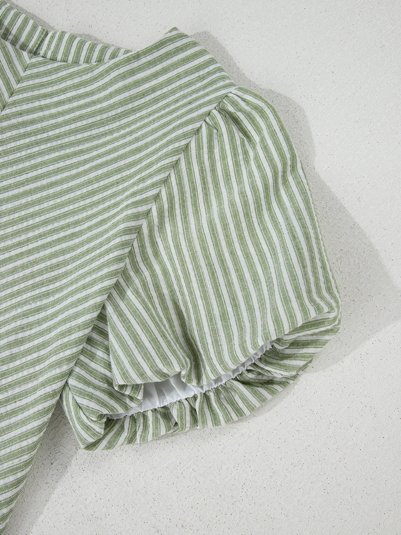 Stripe Textured Round Neck Short Puff Sleeve Blouse.
