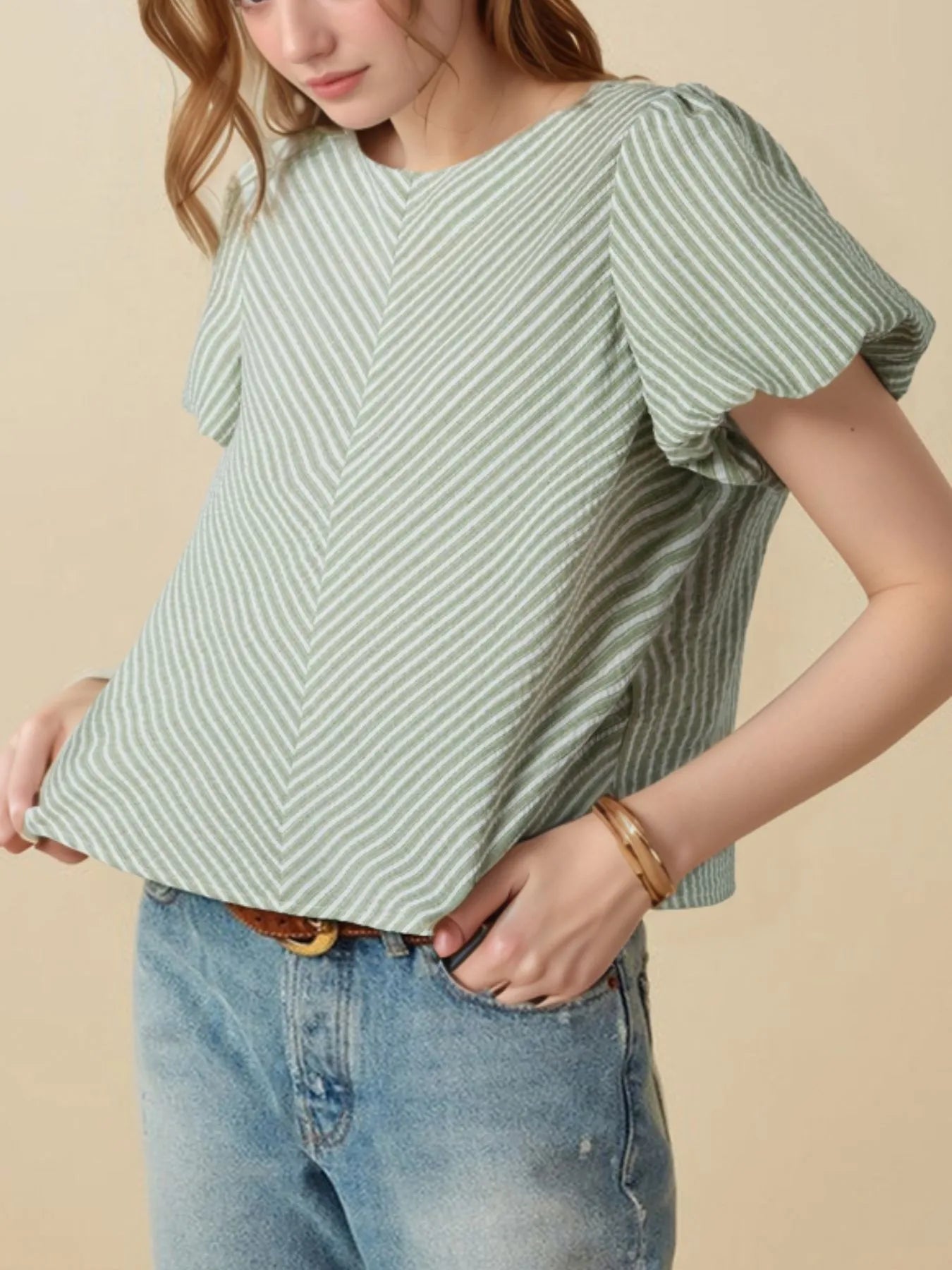Stripe Textured Round Neck Short Puff Sleeve Blouse.