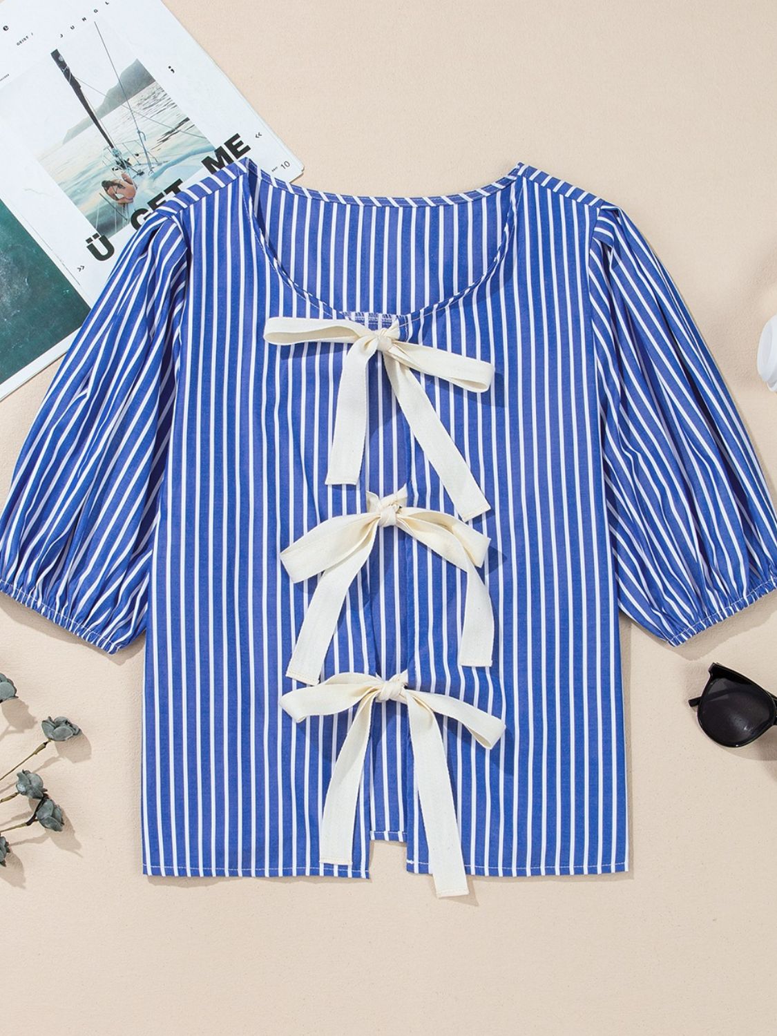 Stripe Tied Front Puff Short Sleeve Top.