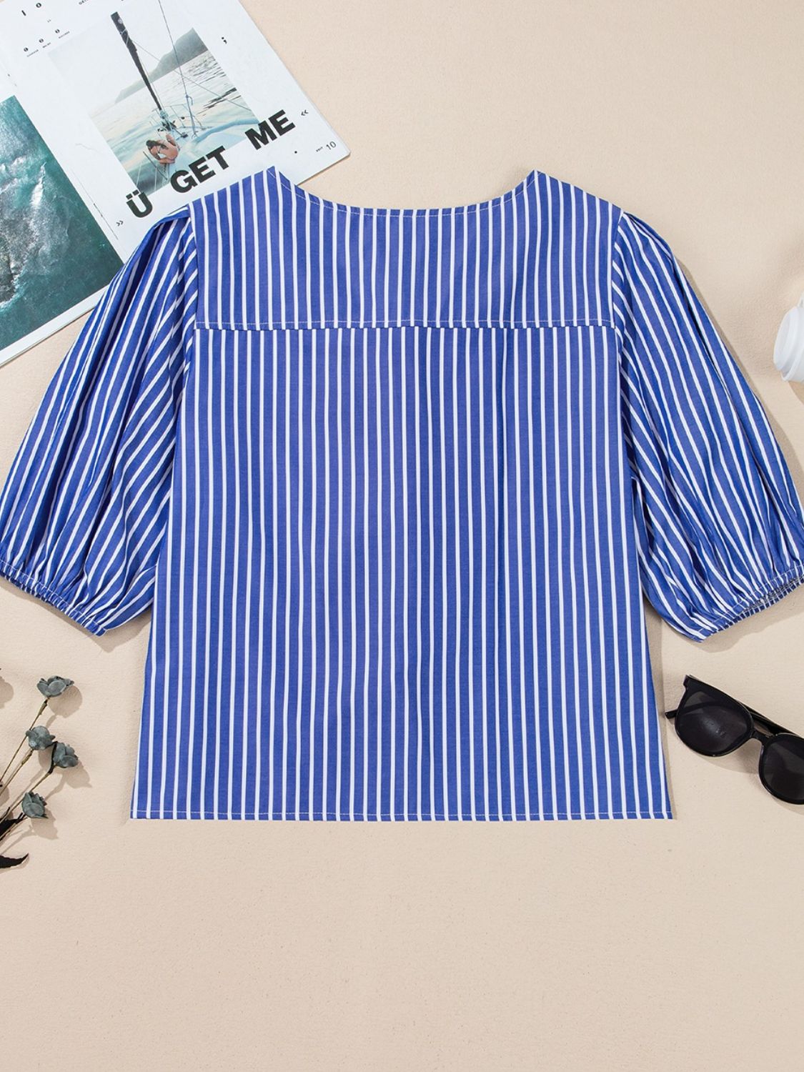 Stripe Tied Front Puff Short Sleeve Top.