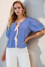 Stripe Tied Front Puff Short Sleeve Top.