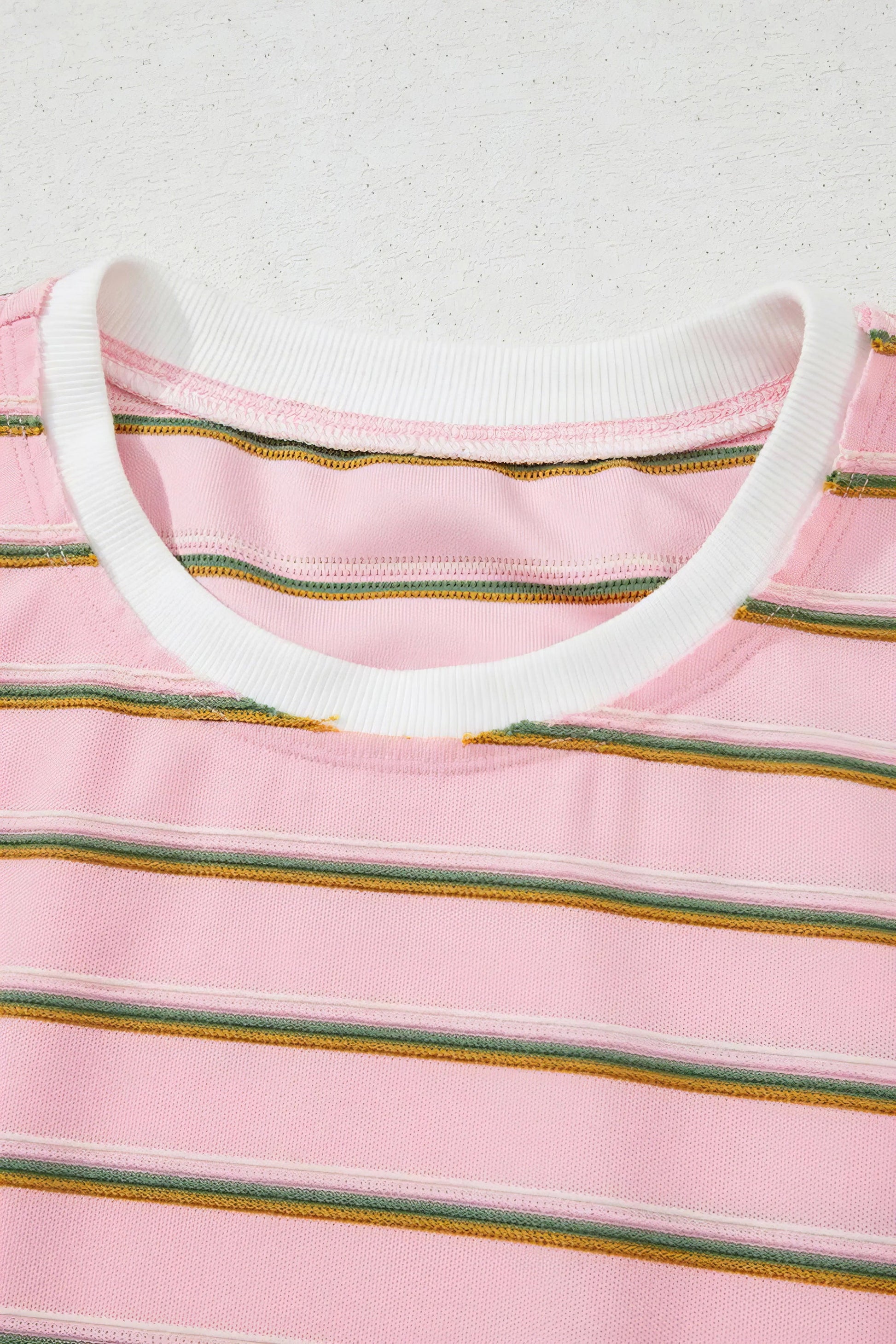 Stripe wide short sleeve tee and short set, women's comfortable two-piece outfit, stylish stripes, drawstring shorts, seam detail, slightly stretchy polyester elastane blend, ideal for relaxed casual wear