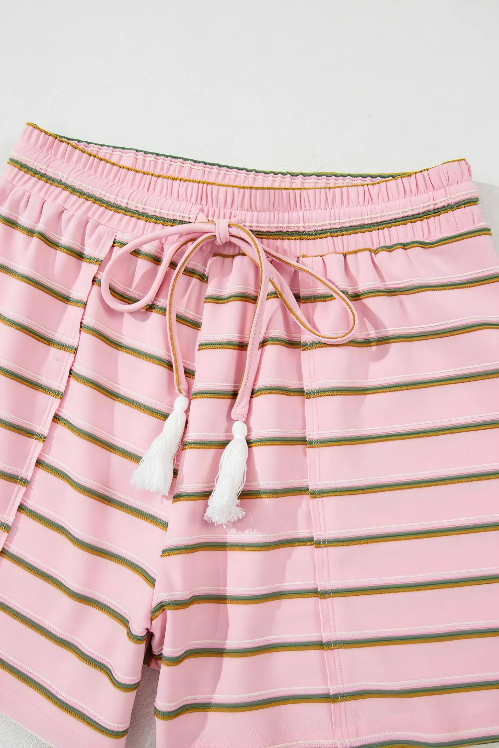 Stripe wide short sleeve tee and short set, women's comfortable two-piece outfit, stylish stripes, drawstring shorts, seam detail, slightly stretchy polyester elastane blend, ideal for relaxed casual wear