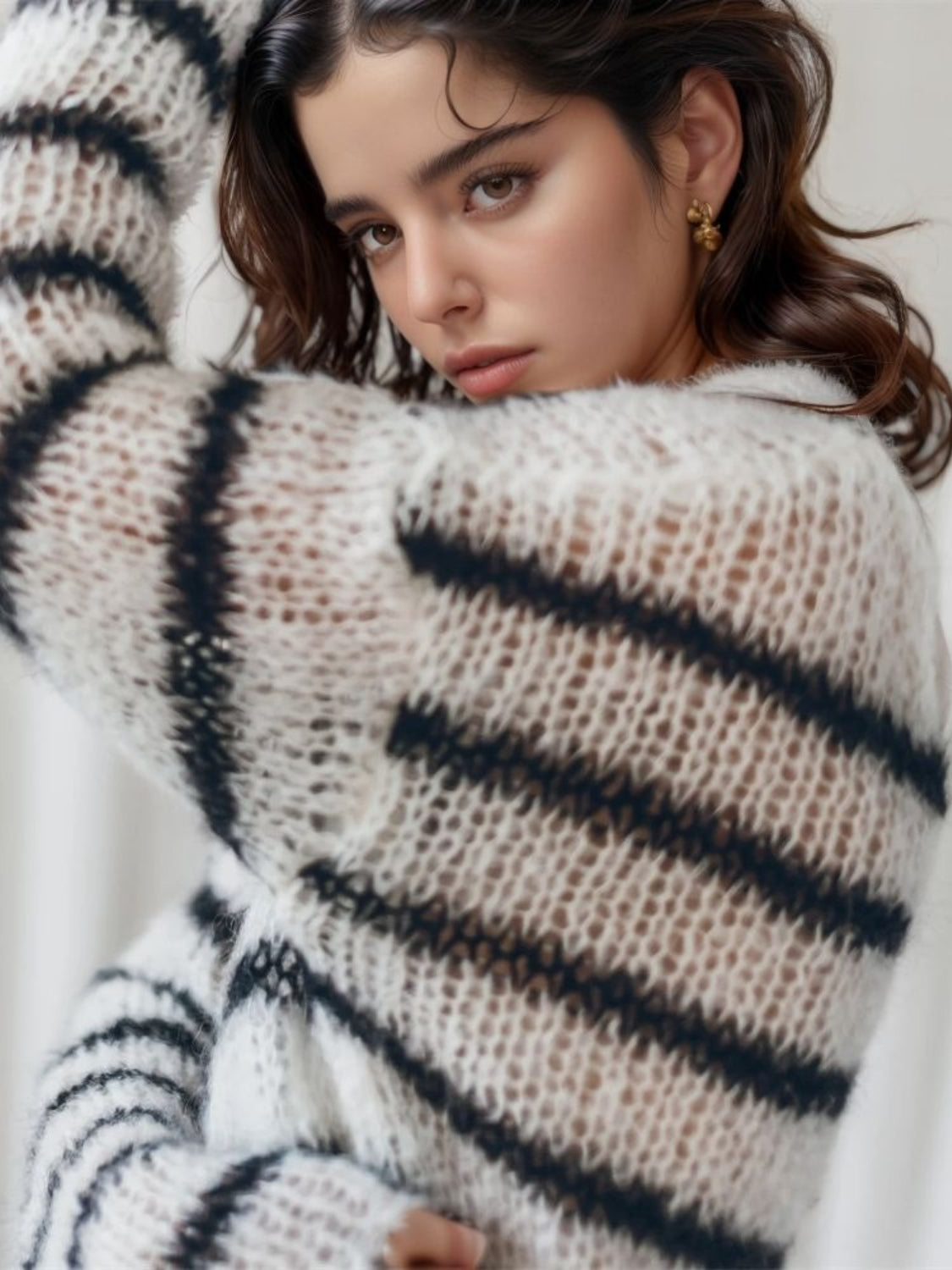 Striped Boat Neck Drop Shoulder Sweater.