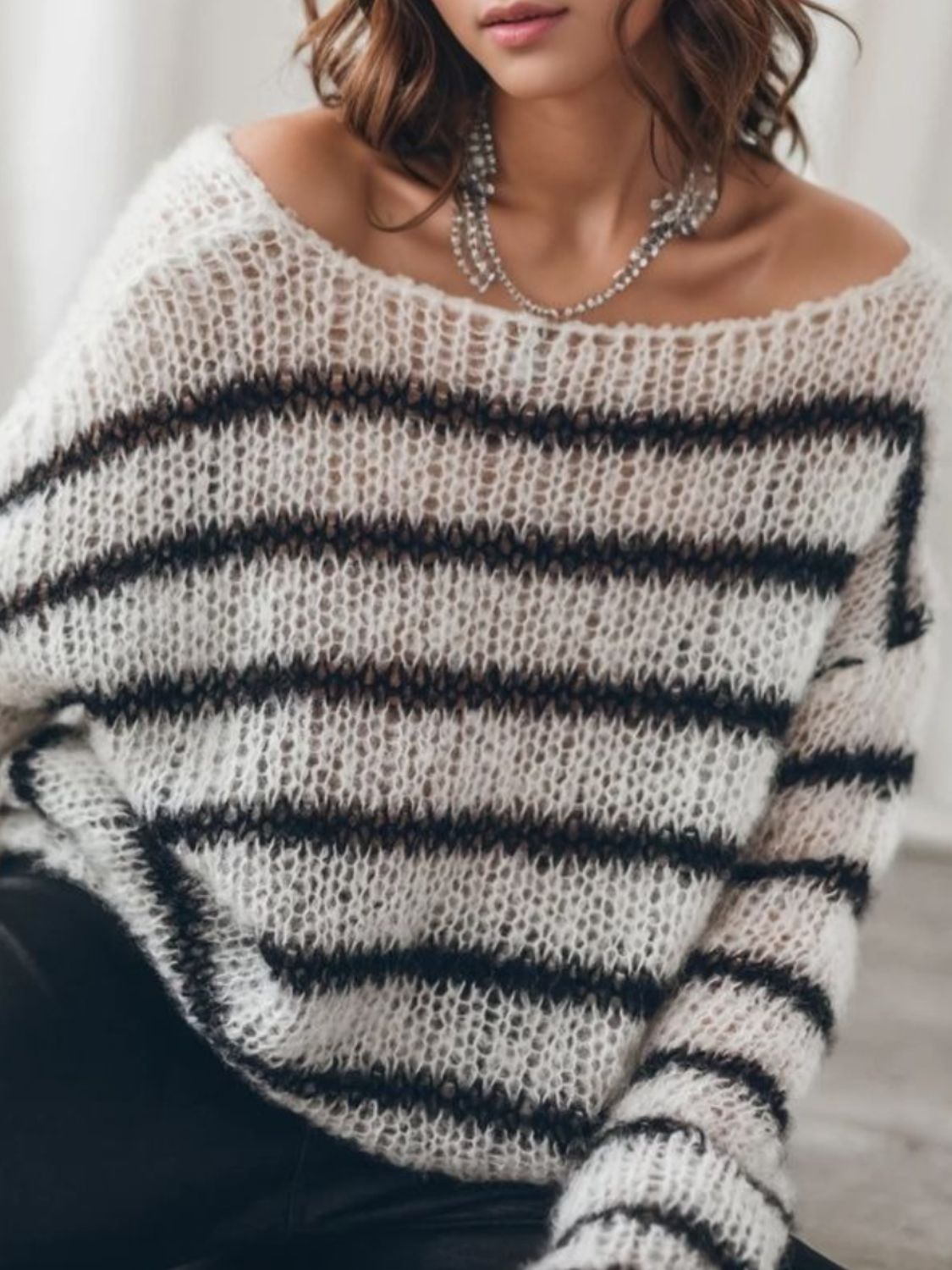 Striped Boat Neck Drop Shoulder Sweater.