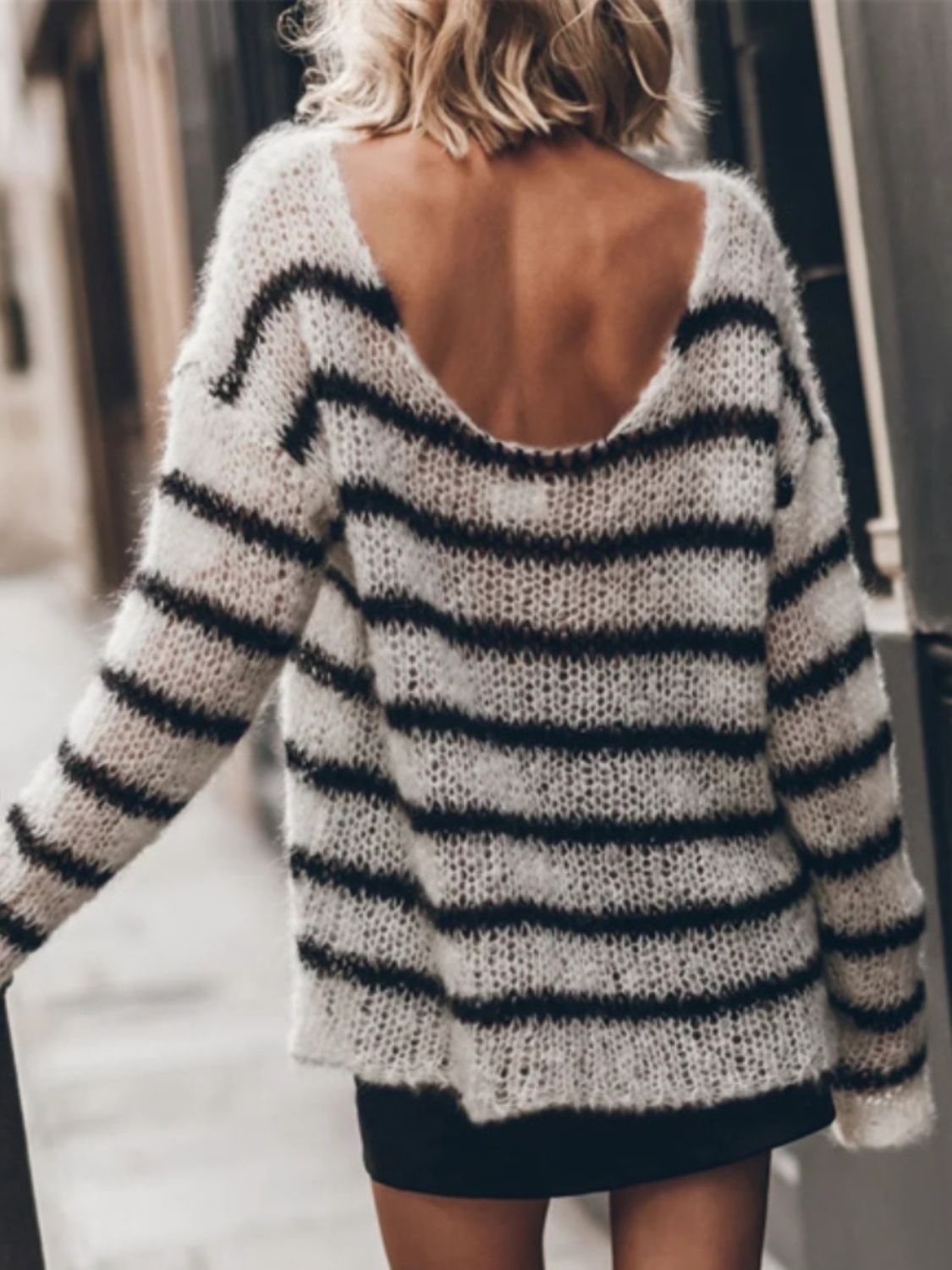Striped Boat Neck Drop Shoulder Sweater.