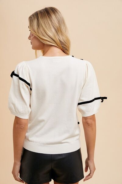 Annie Wear Striped Bow Round Neck Knit Top.