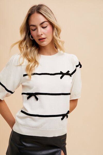 Annie Wear Striped Bow Round Neck Knit Top.