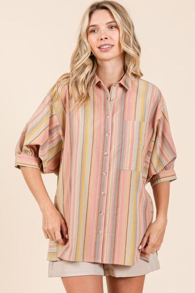 Mittoshop Striped Bubble Sleeve Button Down Shirt.