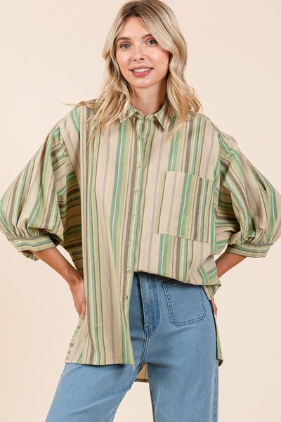 Mittoshop Striped Bubble Sleeve Button Down Shirt.