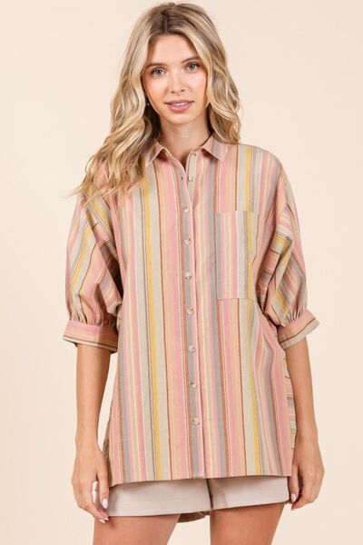Mittoshop Striped Bubble Sleeve Button Down Shirt.
