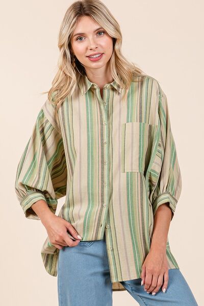 Mittoshop Striped Bubble Sleeve Button Down Shirt.