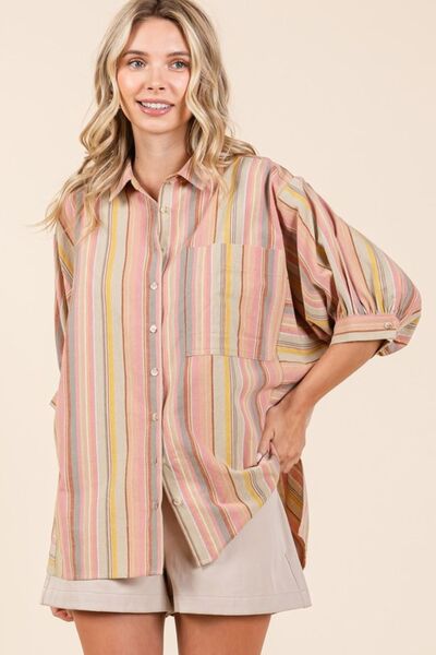 Mittoshop Striped Bubble Sleeve Button Down Shirt.