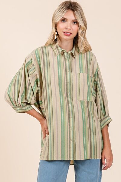 Mittoshop Striped Bubble Sleeve Button Down Shirt.