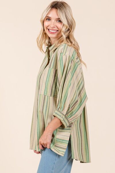 Mittoshop Striped Bubble Sleeve Button Down Shirt.