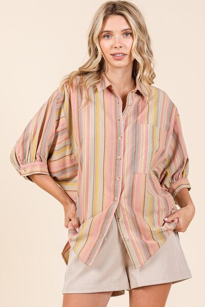 Mittoshop Striped Bubble Sleeve Button Down Shirt.