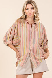 Mittoshop Striped Bubble Sleeve Button Down Shirt.