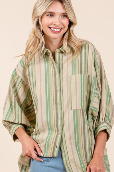 Mittoshop Striped Bubble Sleeve Button Down Shirt.