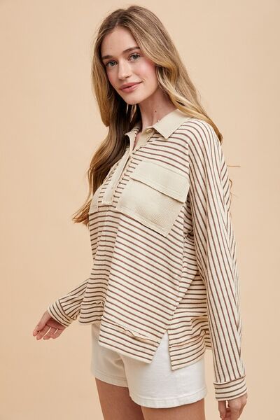 Annie Wear Striped Button Detail Long Sleeve Polo Top.