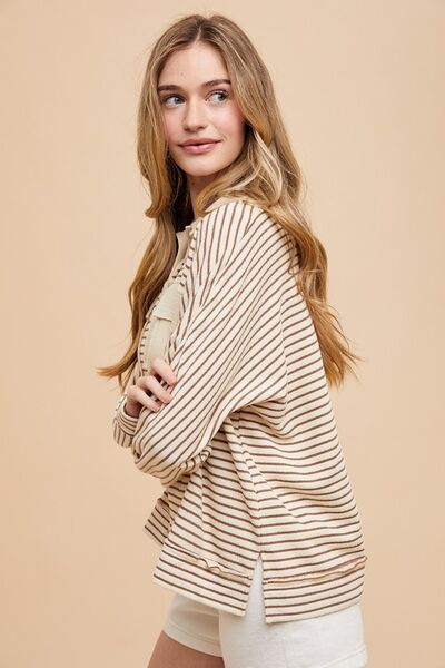 Annie Wear Striped Button Detail Long Sleeve Polo Top.