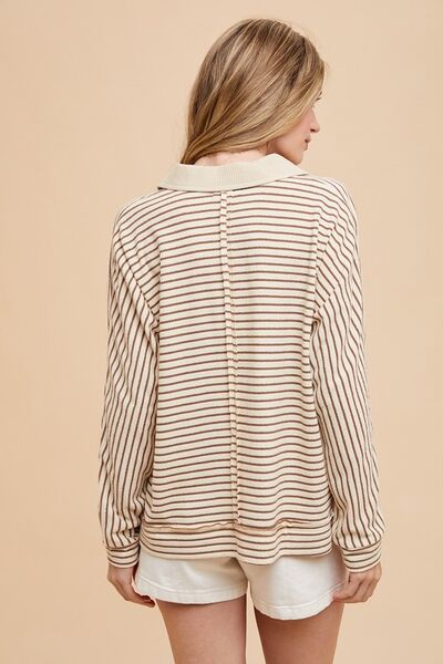 Annie Wear Striped Button Detail Long Sleeve Polo Top.