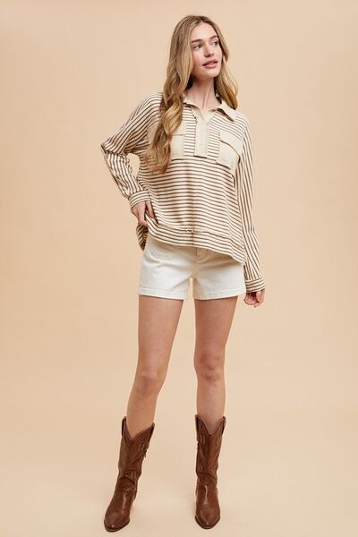 Annie Wear Striped Button Detail Long Sleeve Polo Top.