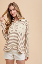 Annie Wear Striped Button Detail Long Sleeve Polo Top.