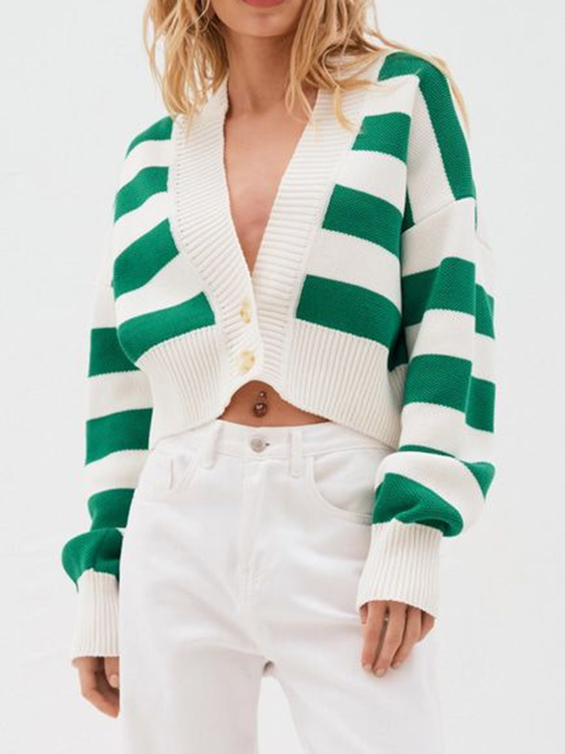 Striped button down drop shoulder cardigan.