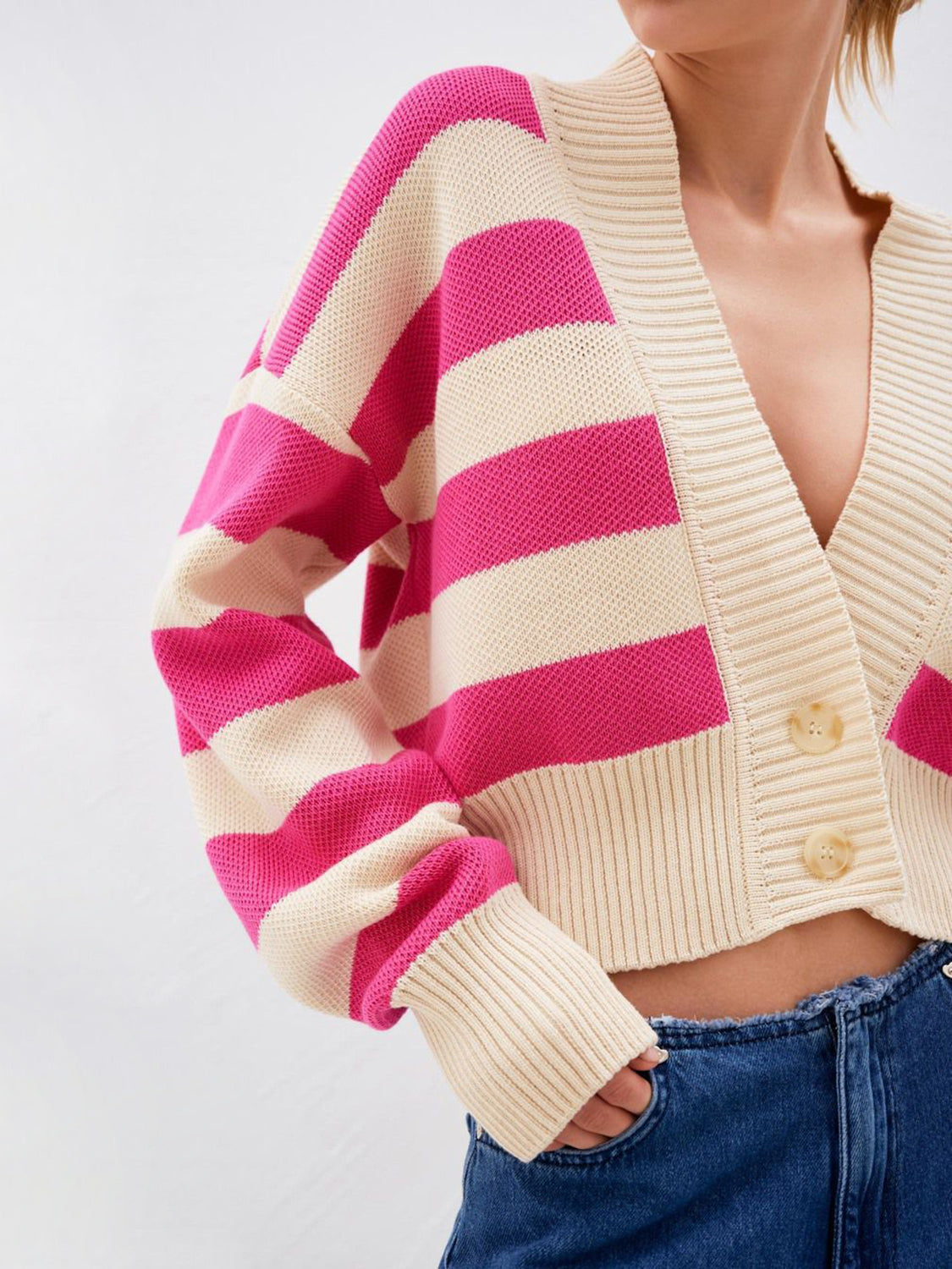 Striped button down drop shoulder cardigan.