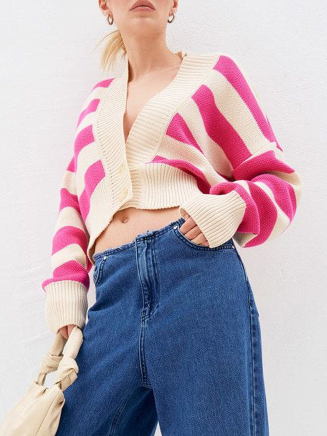 Striped button down drop shoulder cardigan.