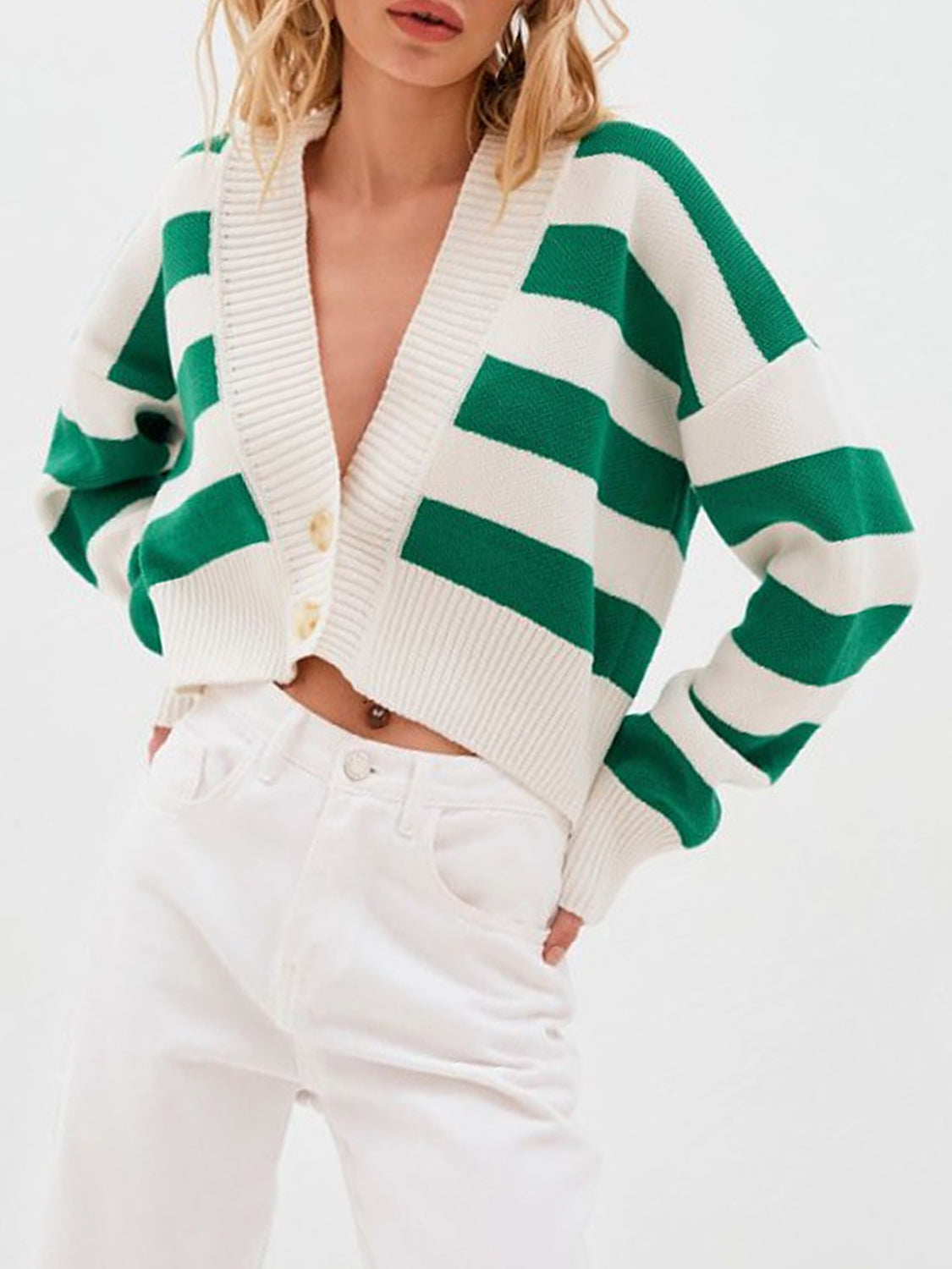 Striped button down drop shoulder cardigan.