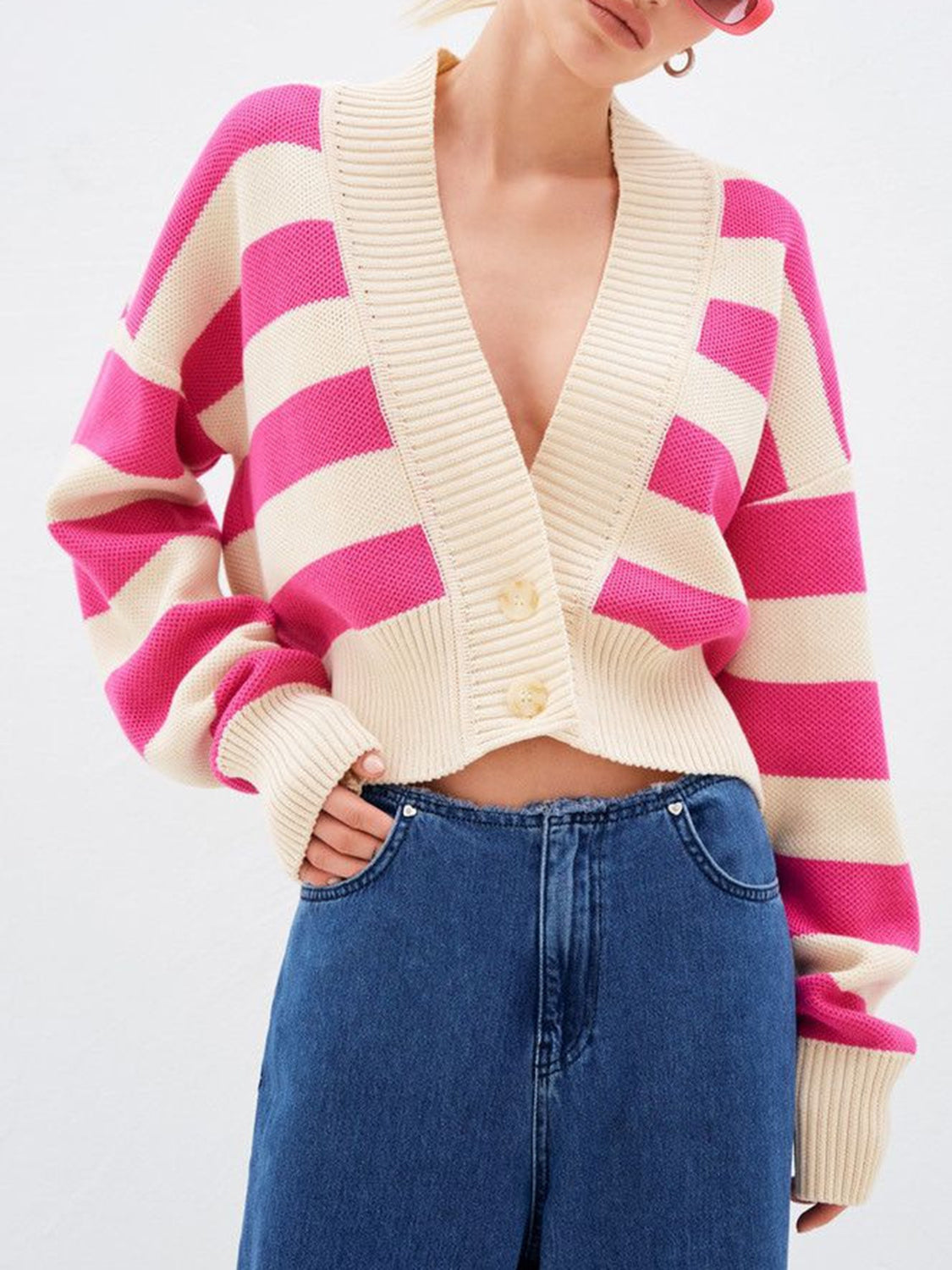 Striped button down drop shoulder cardigan.