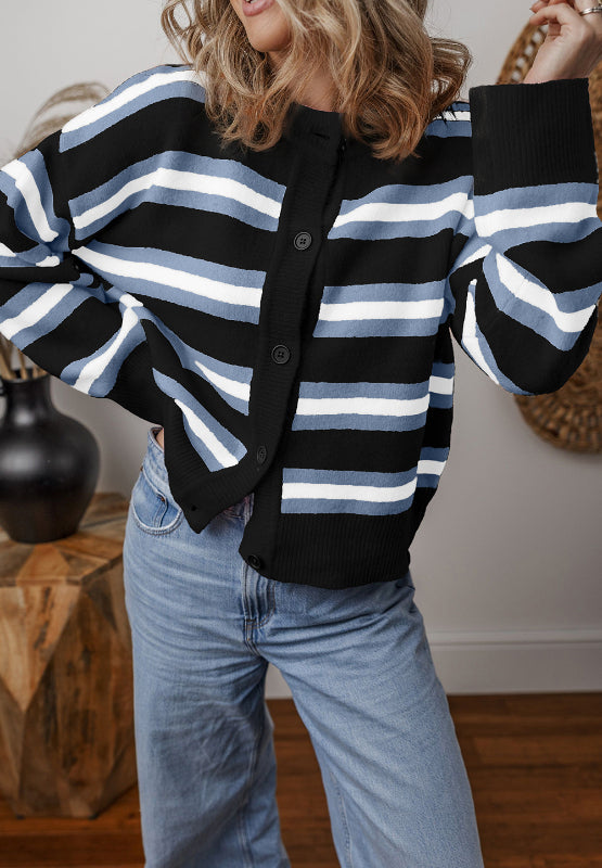 Striped button down long sleeve cardigan.
