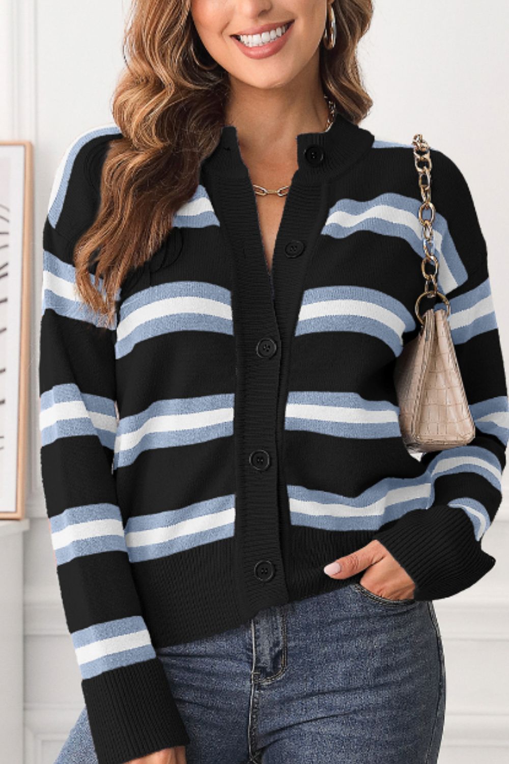 Striped button down long sleeve cardigan.