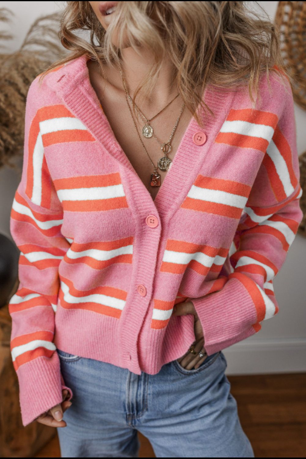 Striped button down long sleeve cardigan.