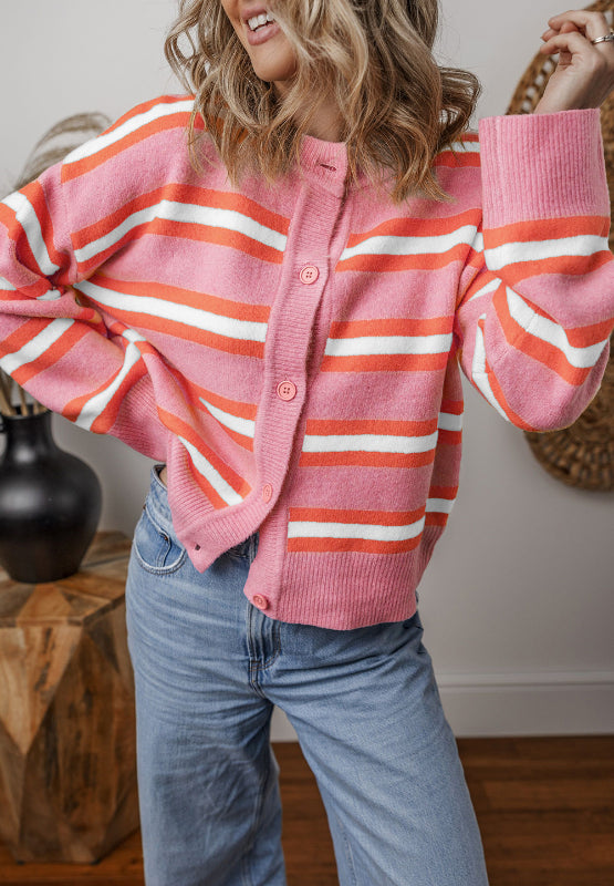 Striped button down long sleeve cardigan.
