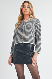 Striped button down round neck cardigan.