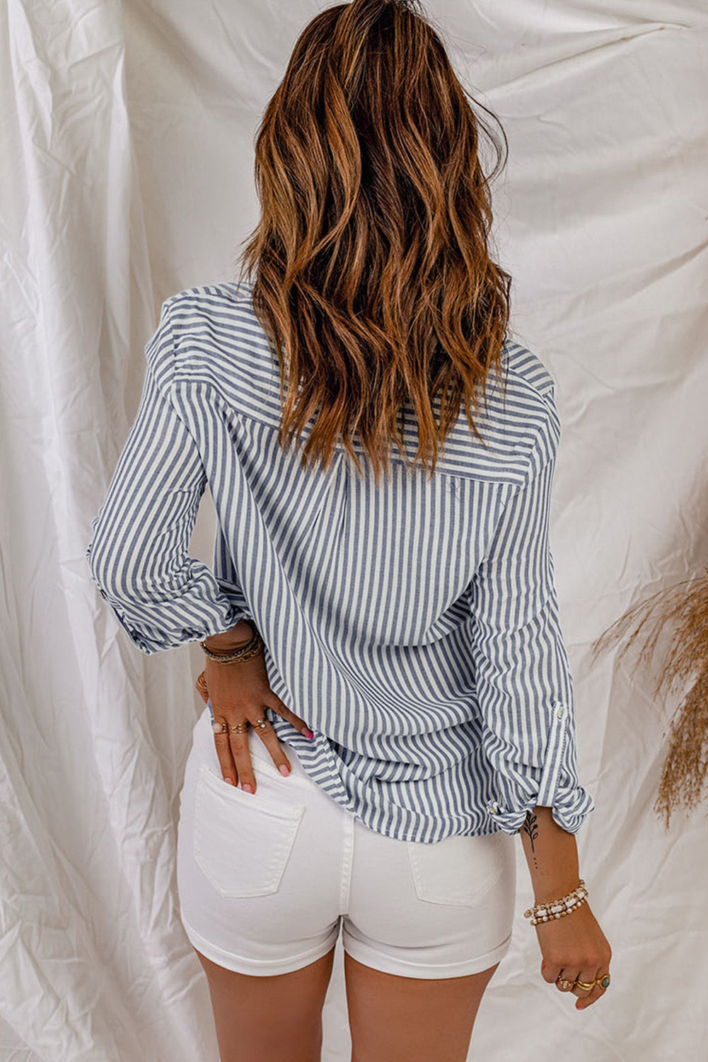 Striped Button-Up Roll-Tab Sleeve Shirt.