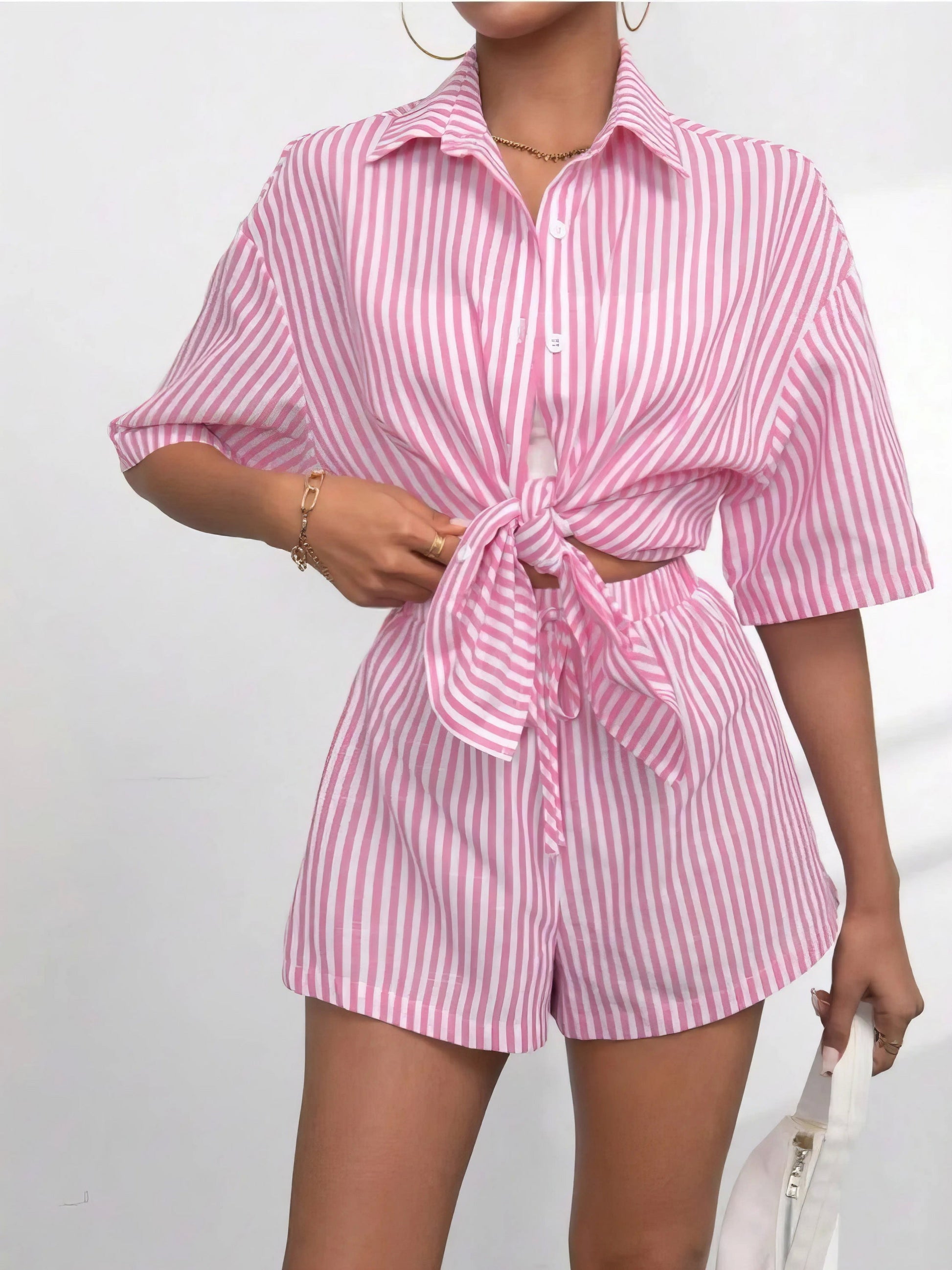 striped button up shirt and shorts set, classic style women's outfit, timeless two-piece set, modern comfort, comfortable striped shirt, stylish shorts, versatile ensemble