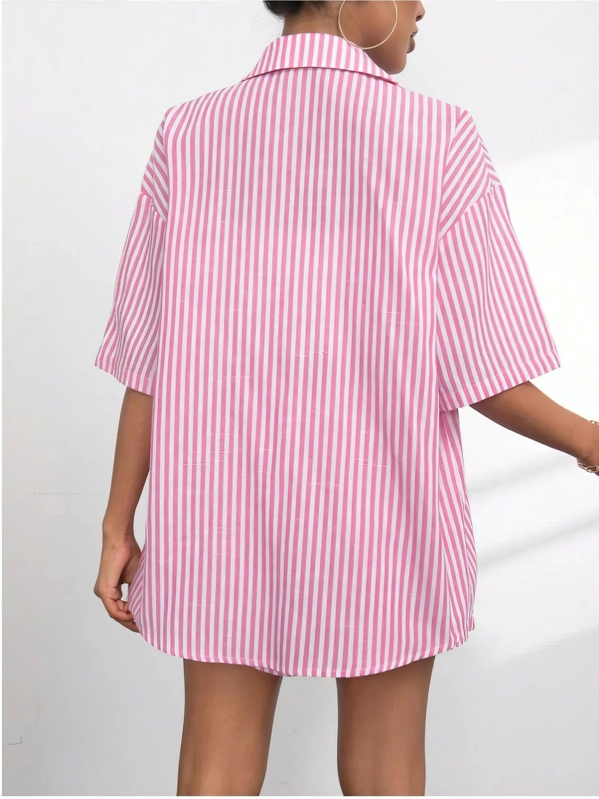 striped button up shirt and shorts set, classic style women's outfit, timeless two-piece set, modern comfort, comfortable striped shirt, stylish shorts, versatile ensemble