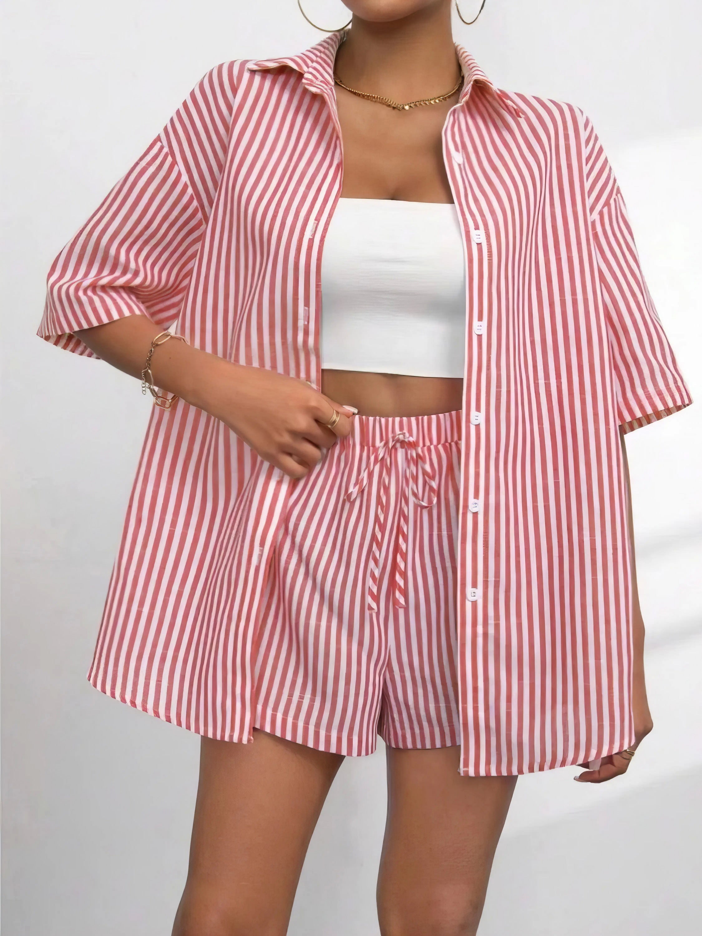 striped button up shirt and shorts set, classic style women's outfit, timeless two-piece set, modern comfort, comfortable striped shirt, stylish shorts, versatile ensemble