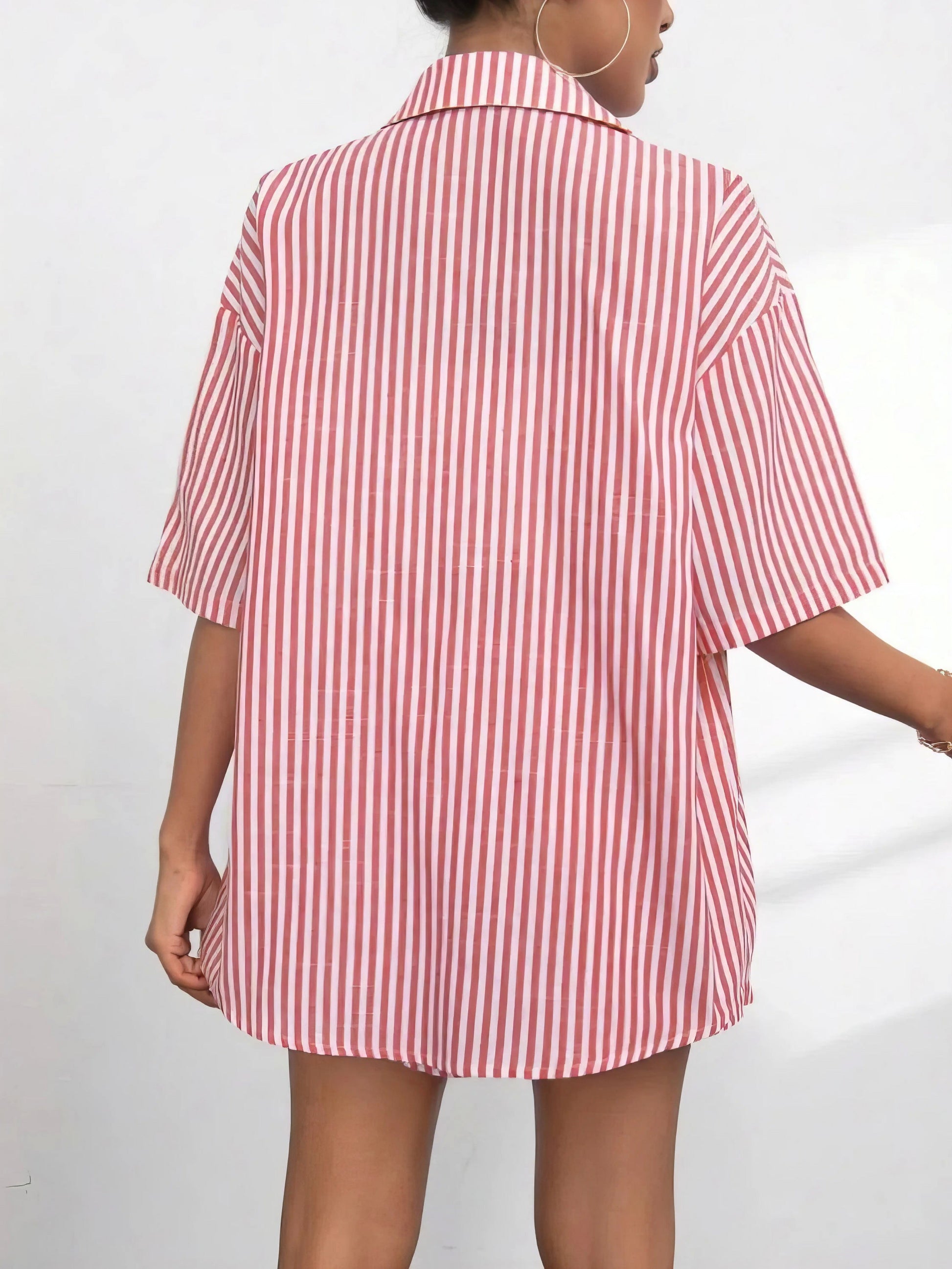striped button up shirt and shorts set, classic style women's outfit, timeless two-piece set, modern comfort, comfortable striped shirt, stylish shorts, versatile ensemble