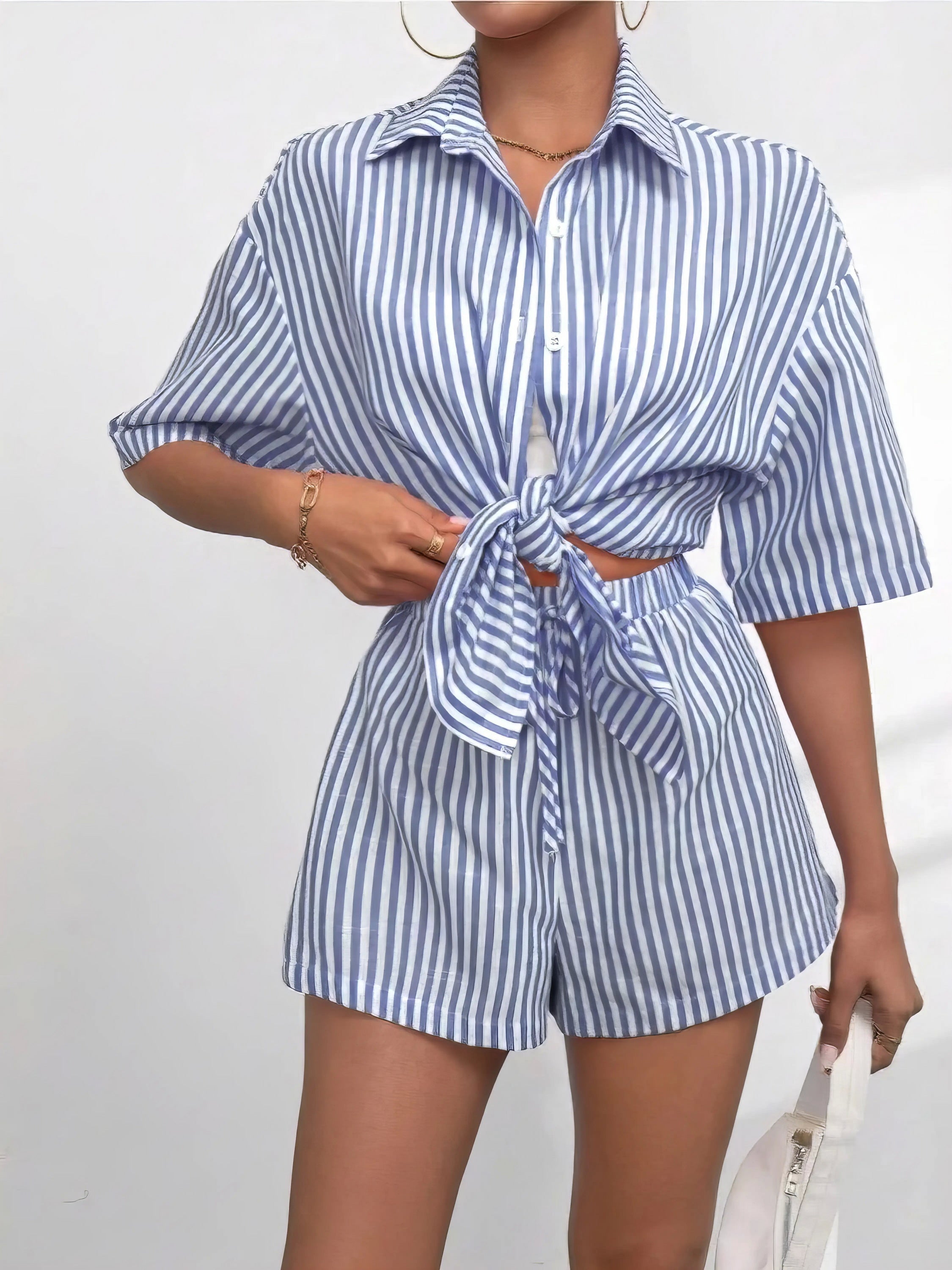 striped button up shirt and shorts set, classic style women's outfit, timeless two-piece set, modern comfort, comfortable striped shirt, stylish shorts, versatile ensemble
