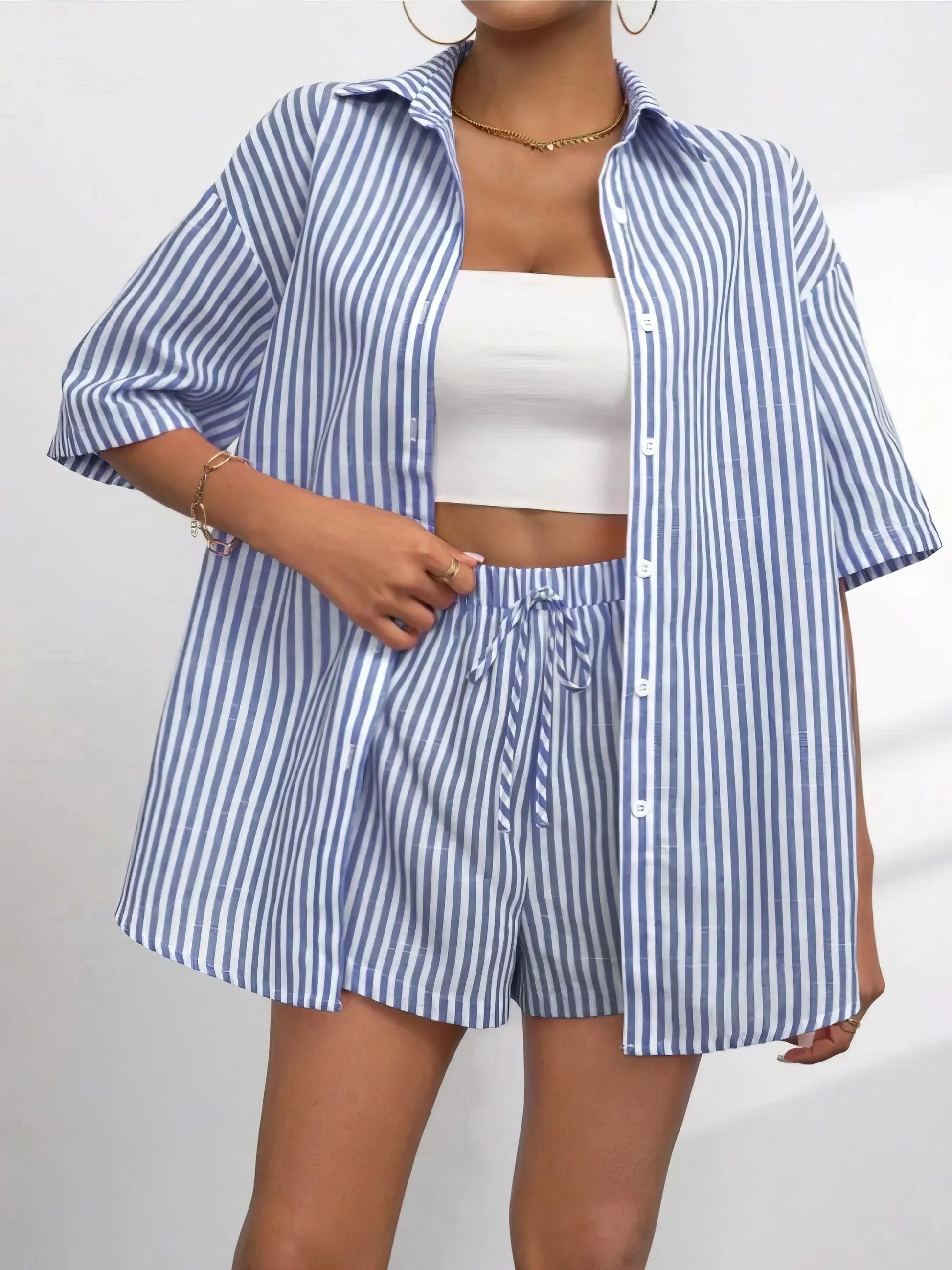 striped button up shirt and shorts set, classic style women's outfit, timeless two-piece set, modern comfort, comfortable striped shirt, stylish shorts, versatile ensemble
