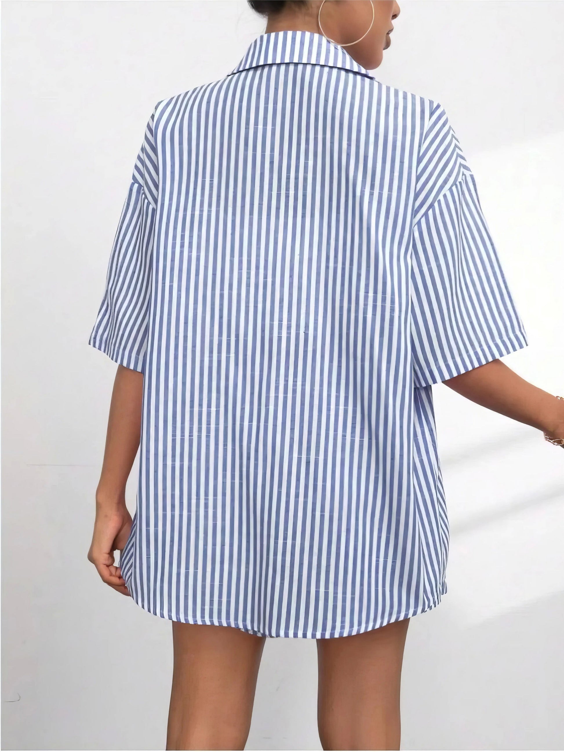 striped button up shirt and shorts set, classic style women's outfit, timeless two-piece set, modern comfort, comfortable striped shirt, stylish shorts, versatile ensemble