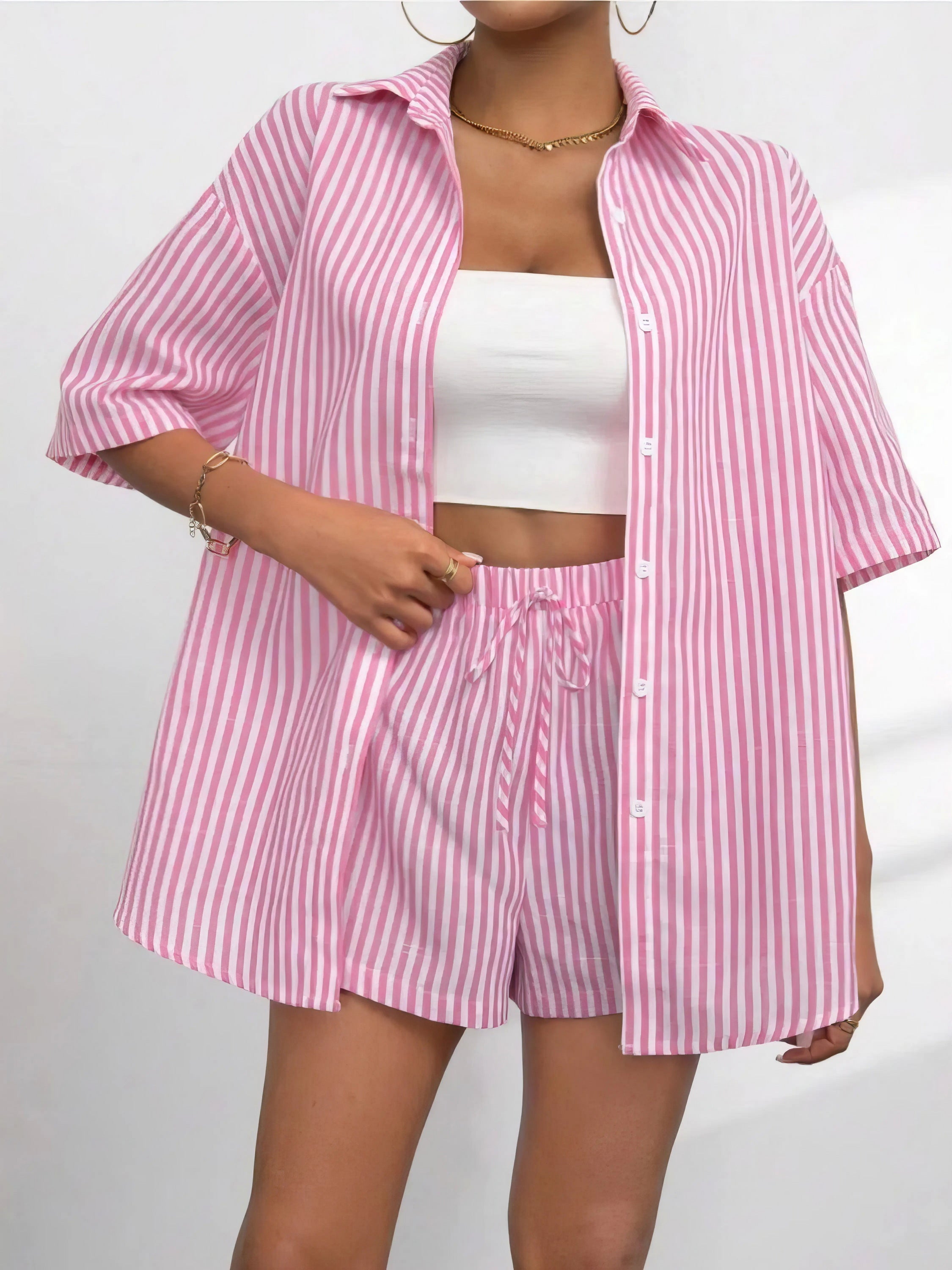 striped button up shirt and shorts set, classic style women's outfit, timeless two-piece set, modern comfort, comfortable striped shirt, stylish shorts, versatile ensemble