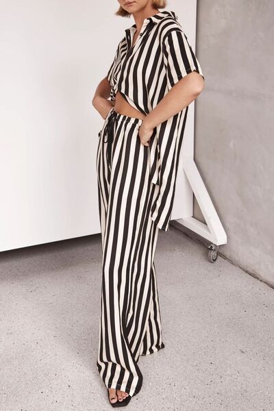Striped Collared Neck Half Sleeve Top and Pants Set.