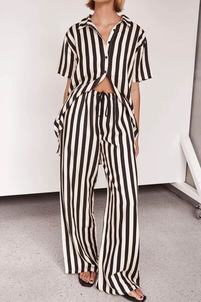 Striped Collared Neck Half Sleeve Top and Pants Set.
